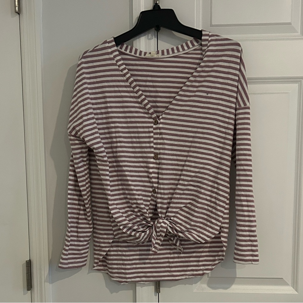 Main Strip V-Neck Button-Up Striped Long Sleeve Shirt With Front Tie